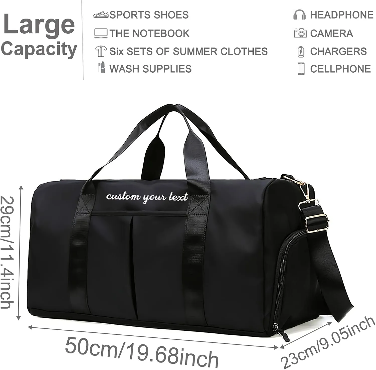 Personalized Custom Duffel Bag - Black - Multipurpose Travel Gym Sport Bag - Waterproof Canvas - 19.68 x 9.05 x 9.05 Inch