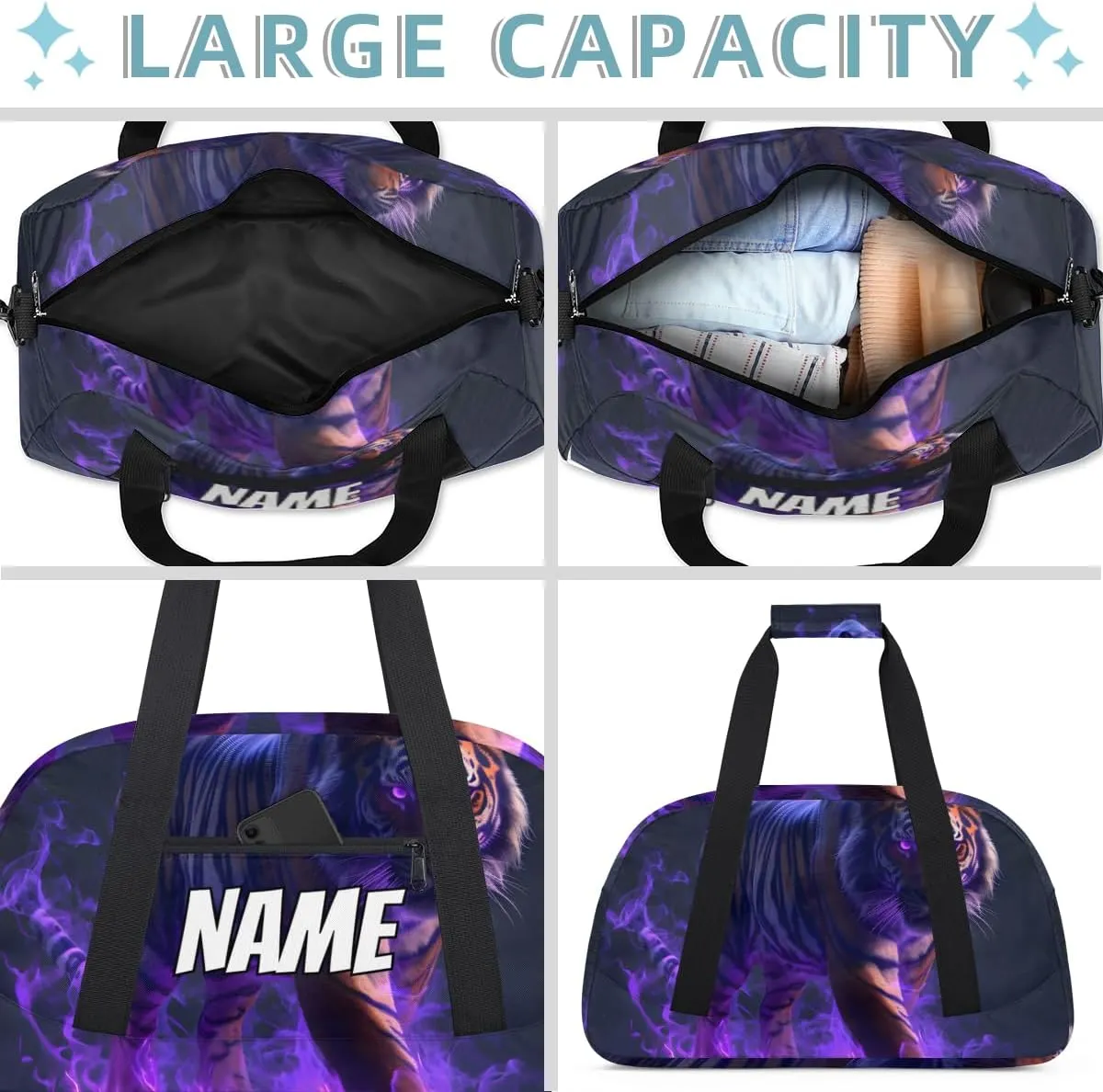 Personalized Custom Gym Bag for Women Men Carry on Cool Tiger Travel Duffel Tote Purple Flame Overnight Workout Weekender Bag