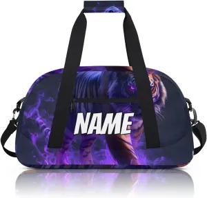 Personalized Custom Gym Bag for Women Men Carry on Cool Tiger Travel Duffel Tote Purple Flame Overnight Workout Weekender Bag