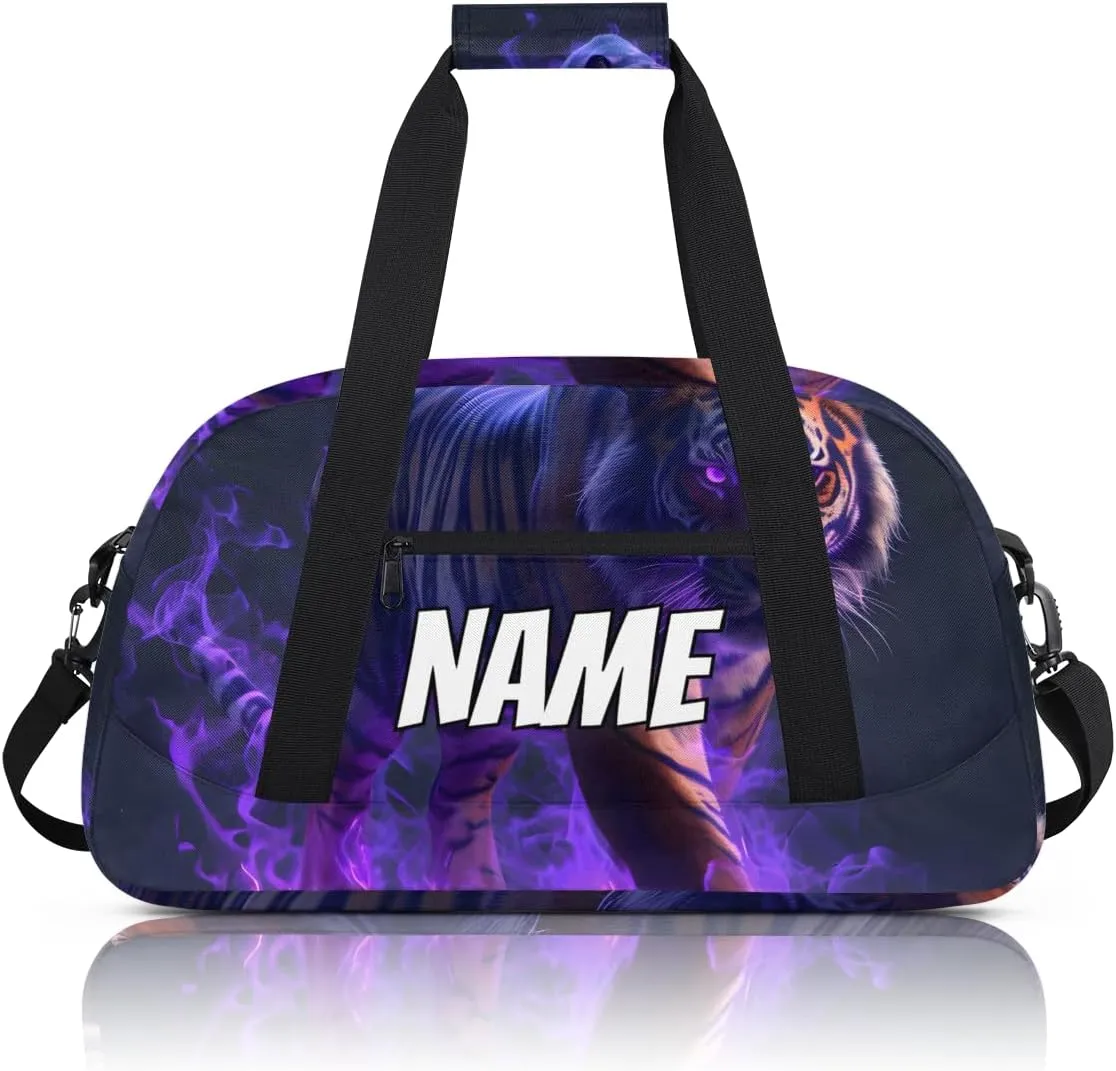 Personalized Custom Gym Bag for Women Men Carry on Cool Tiger Travel Duffel Tote Purple Flame Overnight Workout Weekender Bag