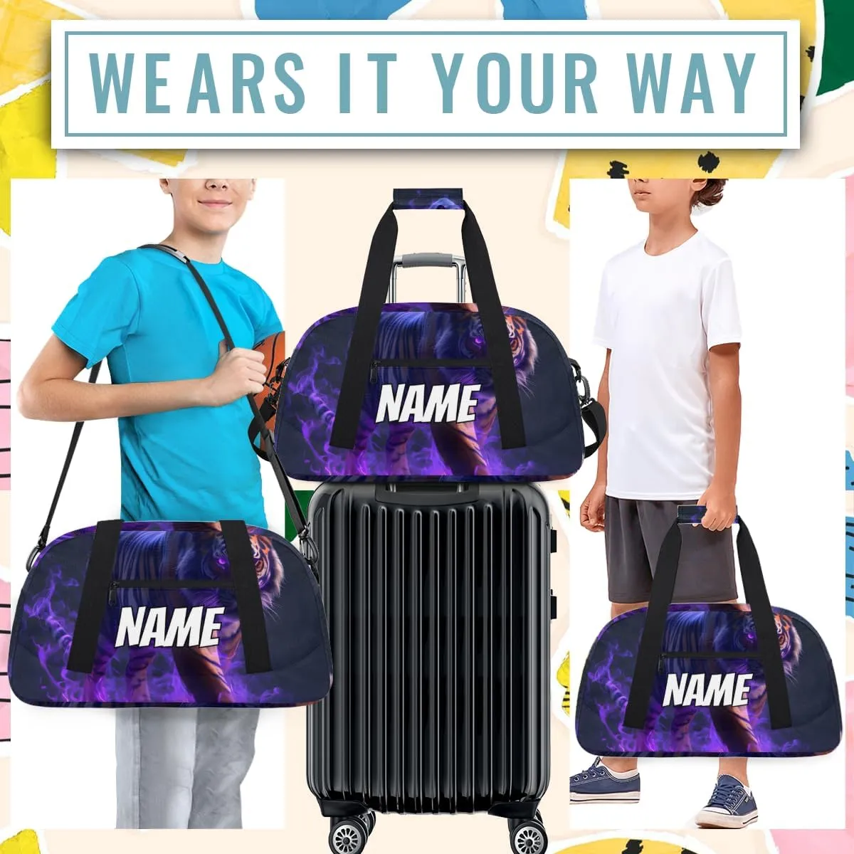 Personalized Custom Gym Bag for Women Men Carry on Cool Tiger Travel Duffel Tote Purple Flame Overnight Workout Weekender Bag