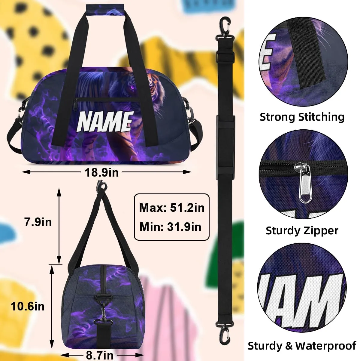 Personalized Custom Gym Bag for Women Men Carry on Cool Tiger Travel Duffel Tote Purple Flame Overnight Workout Weekender Bag