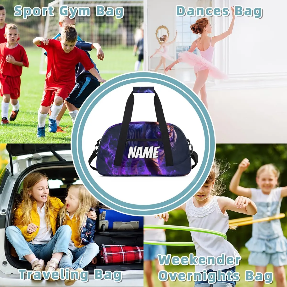 Personalized Custom Gym Bag for Women Men Carry on Cool Tiger Travel Duffel Tote Purple Flame Overnight Workout Weekender Bag