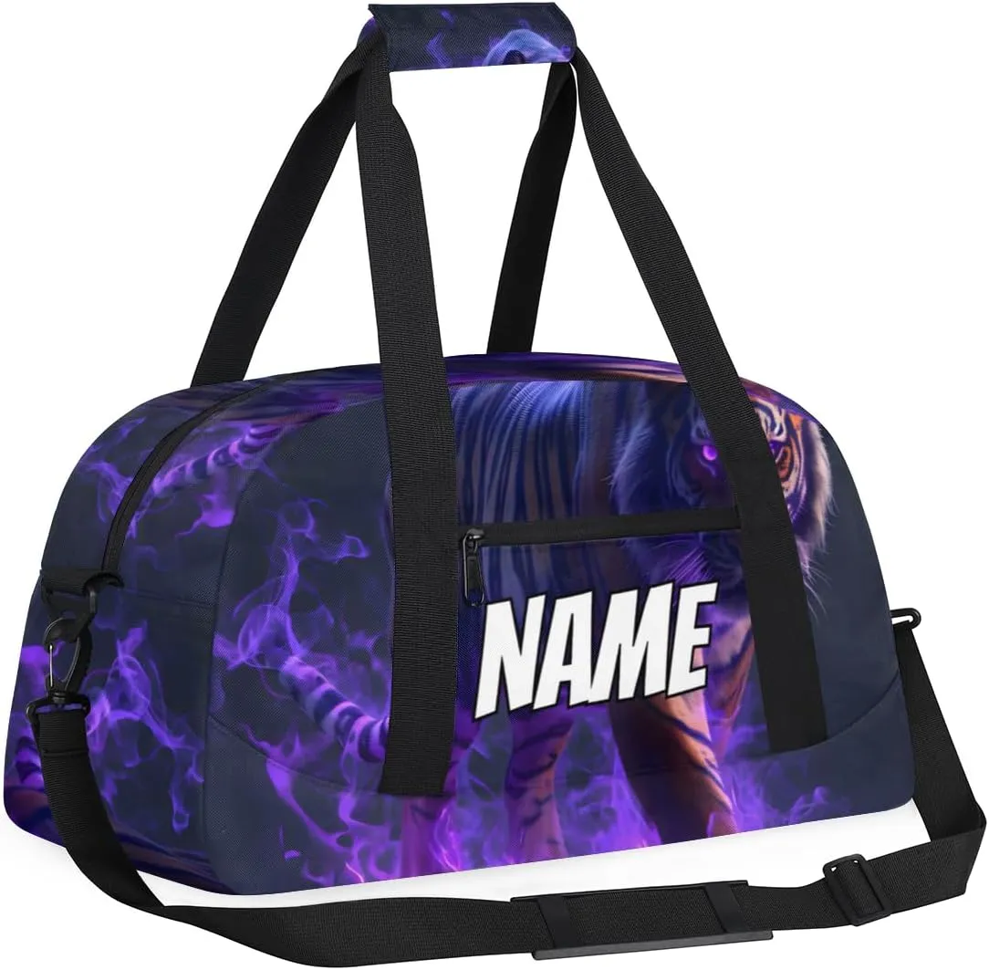 Personalized Custom Gym Bag for Women Men Carry on Cool Tiger Travel Duffel Tote Purple Flame Overnight Workout Weekender Bag