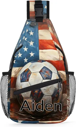 Personalized Custom Sling Bag Sling Backpack for Women, Travel Hiking Daypack Crossbody Shoulder Bag for Hiking Travel, Cool Soccer Ball Flag