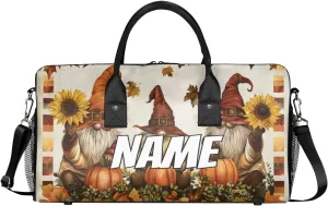 Personalized Cute Gnomes Travel Duffel Bag with Name, Custom Gym Sport Bag Pumpkin Sunflower Carry On Weekend Overnight Duffel Bag for Men Women