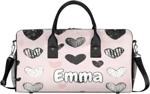 Personalized Cute Heart Travel Duffel Bag with Name, Custom Gym Sport Bag Black and White Carry On Weekend Overnight Duffel Bag for Men Women