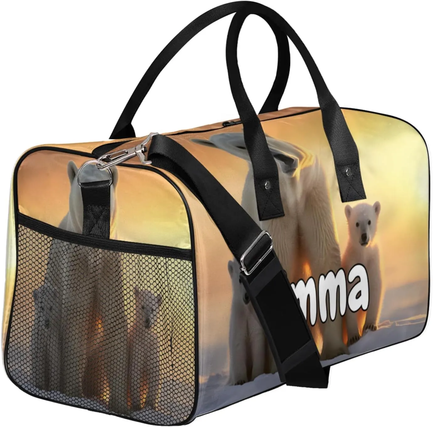 Personalized Cute Polar Bear Travel Duffel Bag with Name, Custom Gym Sport Bag Wild Animals Snowy Carry On Weekend Overnight Duffel Bag for Men Women