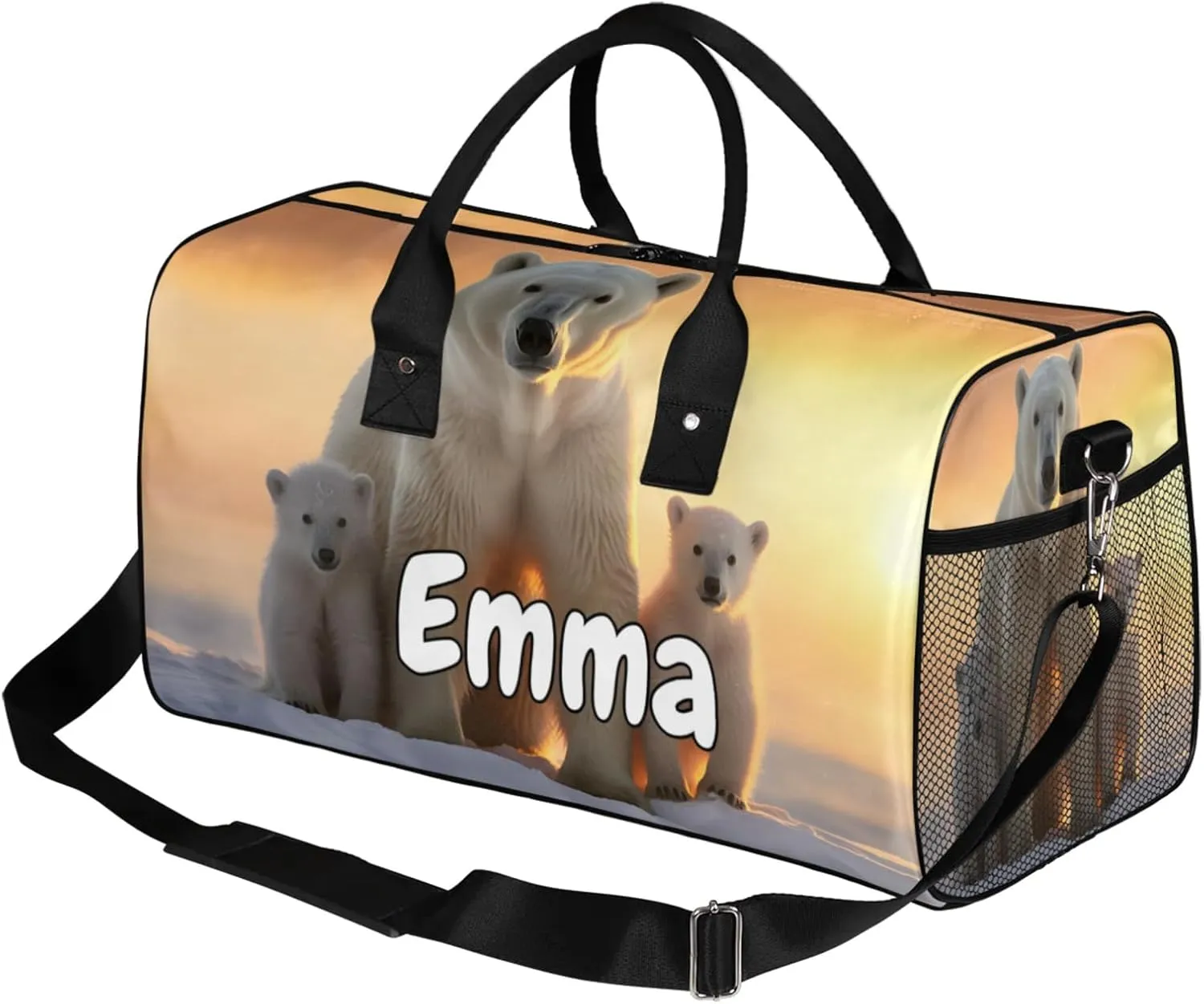 Personalized Cute Polar Bear Travel Duffel Bag with Name, Custom Gym Sport Bag Wild Animals Snowy Carry On Weekend Overnight Duffel Bag for Men Women