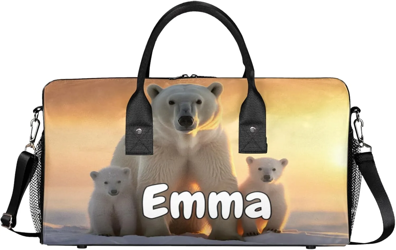 Personalized Cute Polar Bear Travel Duffel Bag with Name, Custom Gym Sport Bag Wild Animals Snowy Carry On Weekend Overnight Duffel Bag for Men Women