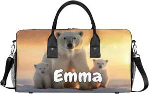 Personalized Cute Polar Bear Travel Duffel Bag with Name, Custom Gym Sport Bag Wild Animals Snowy Carry On Weekend Overnight Duffel Bag for Men Women