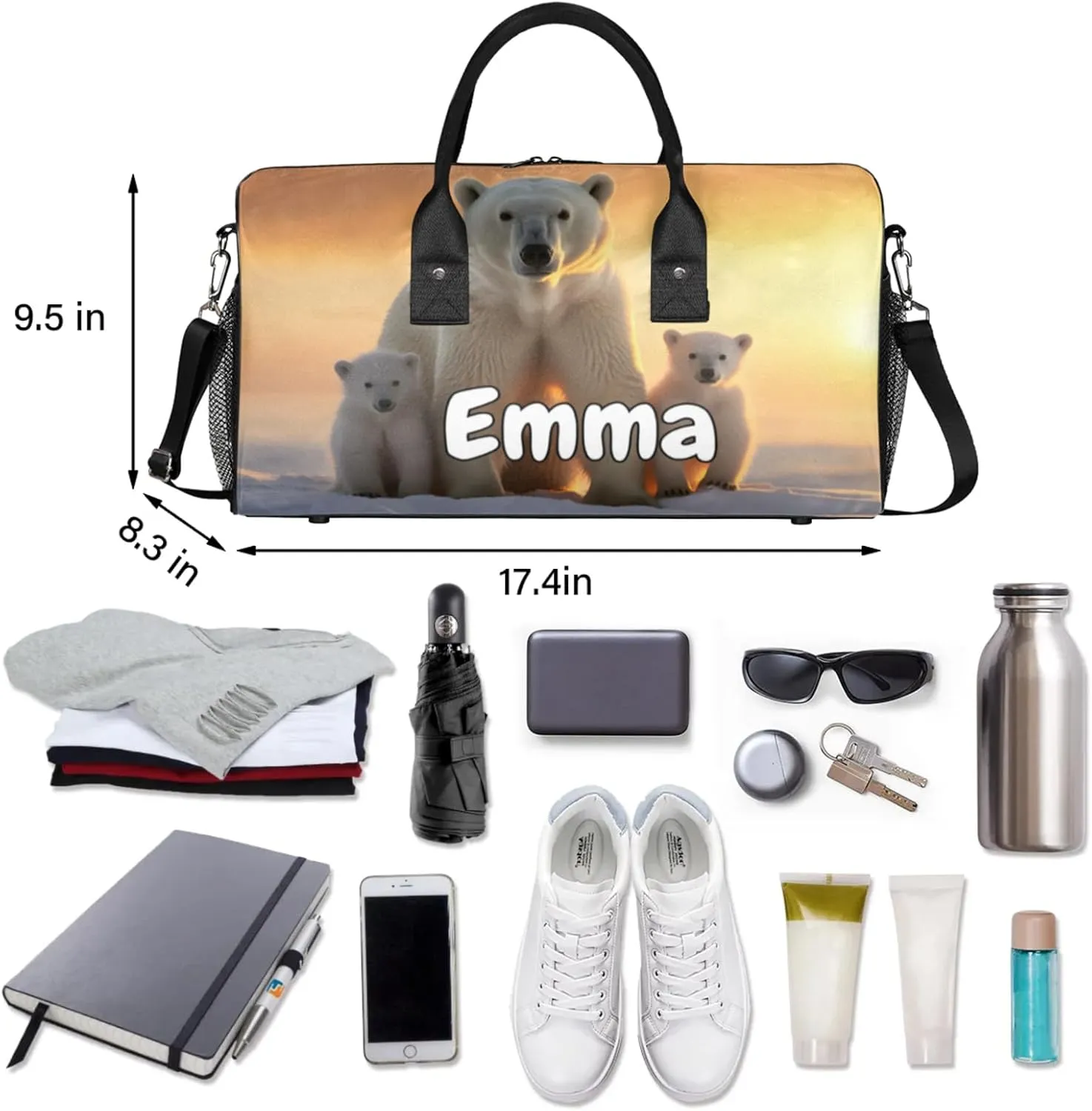 Personalized Cute Polar Bear Travel Duffel Bag with Name, Custom Gym Sport Bag Wild Animals Snowy Carry On Weekend Overnight Duffel Bag for Men Women