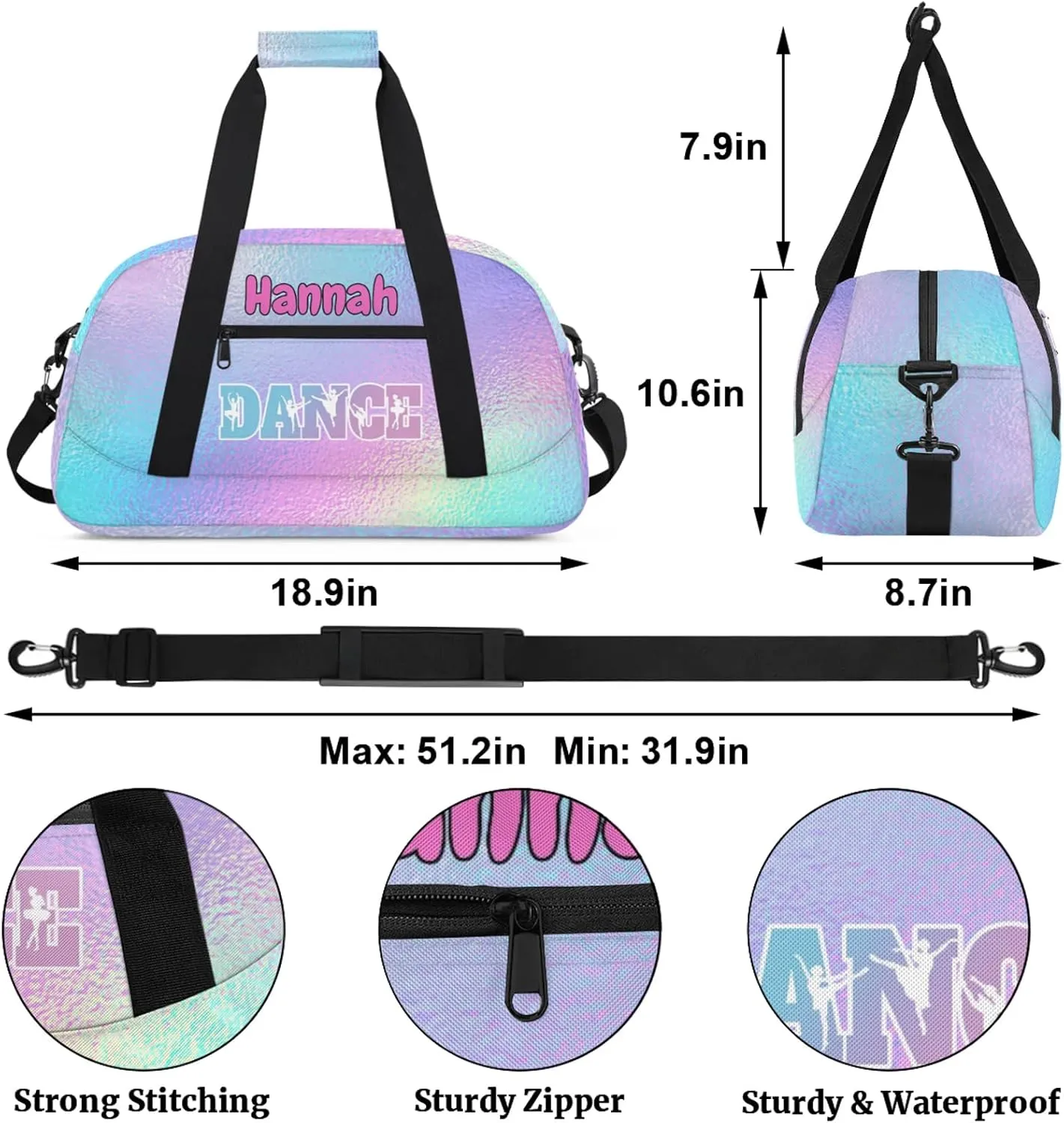 Personalized Dance Bag Gym Bag Custom Travel Overnight Bag Waterproof Sport Bag Lightweight Carry-On Tote for Women Men 18.9in, Gradient Blue Purple