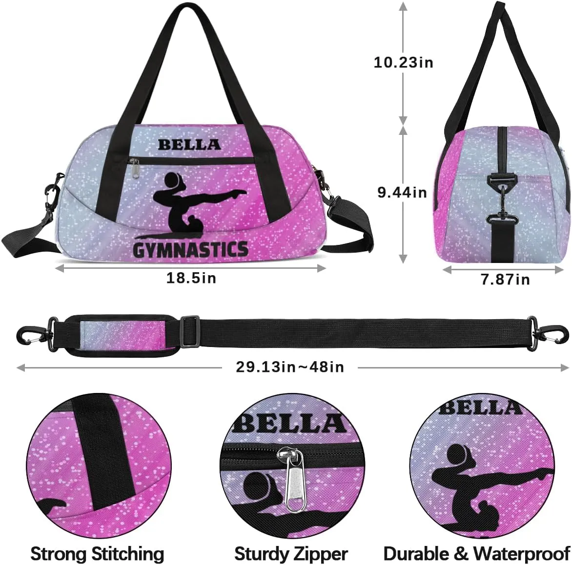 Personalized Dance Bag Gym Bag for Girl, Custom Sport Duffel Bag Weekender Bags Travel Duffel Bag Gymnastics Glitter Background