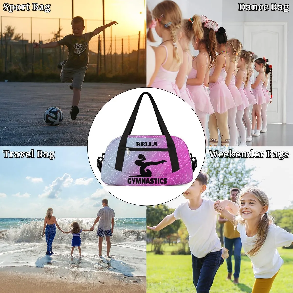 Personalized Dance Bag Gym Bag for Girl, Custom Sport Duffel Bag Weekender Bags Travel Duffel Bag Gymnastics Glitter Background