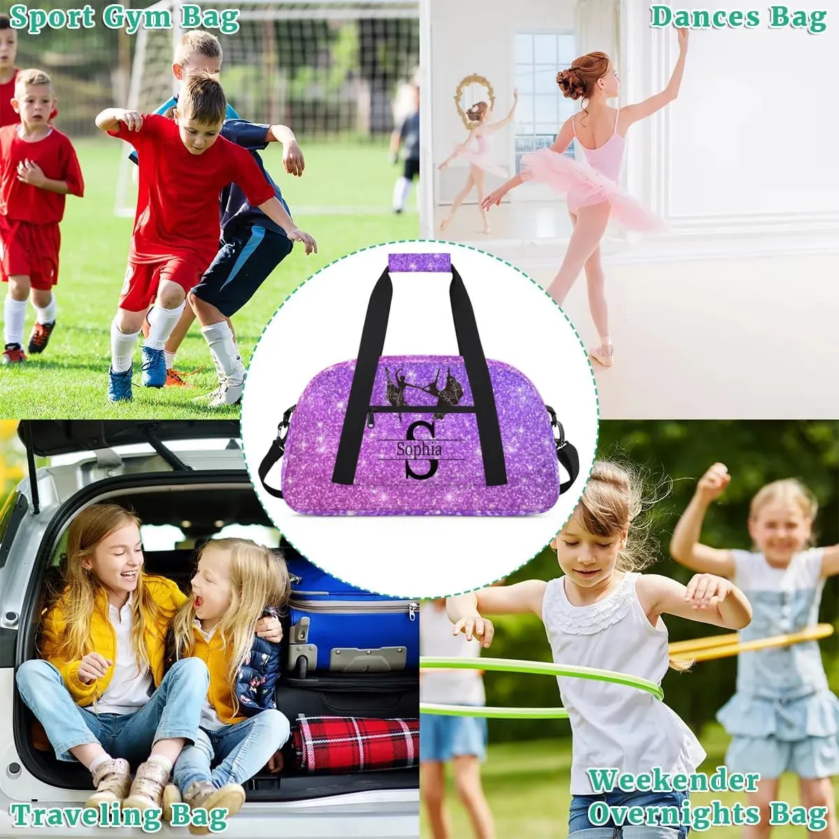 Personalized Dance Duffle Bag for Women, Custom Name Intinal Letter Duffel Bag, Colorful Names Ranked, Shiny Stars Lavender Purple Glittering