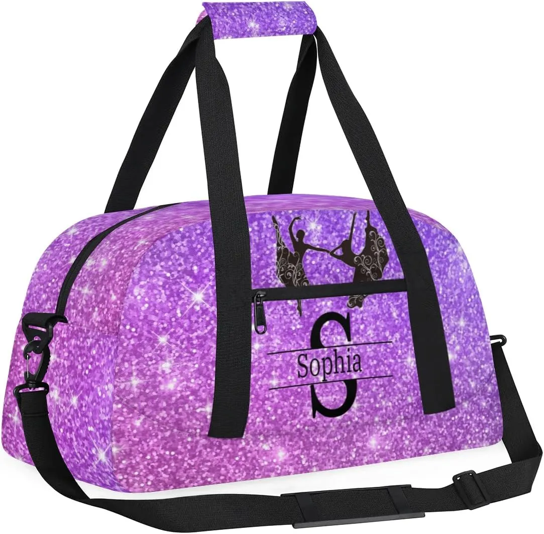 Personalized Dance Duffle Bag for Women, Custom Name Intinal Letter Duffel Bag, Colorful Names Ranked, Shiny Stars Lavender Purple Glittering