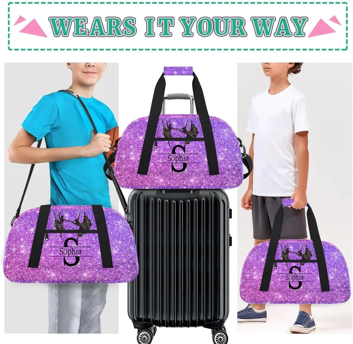 Personalized Dance Duffle Bag for Women, Custom Name Intinal Letter Duffel Bag, Colorful Names Ranked, Shiny Stars Lavender Purple Glittering
