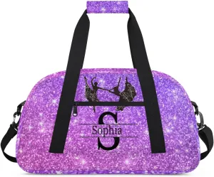 Personalized Dance Duffle Bag for Women, Custom Name Intinal Letter Duffel Bag, Colorful Names Ranked, Shiny Stars Lavender Purple Glittering