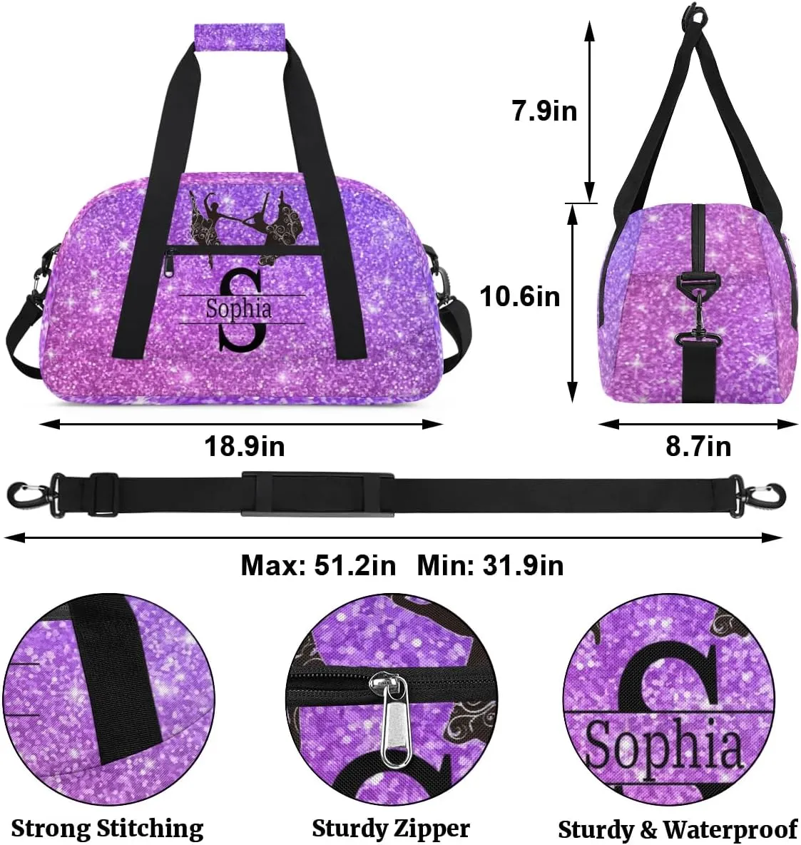 Personalized Dance Duffle Bag for Women, Custom Name Intinal Letter Duffel Bag, Colorful Names Ranked, Shiny Stars Lavender Purple Glittering