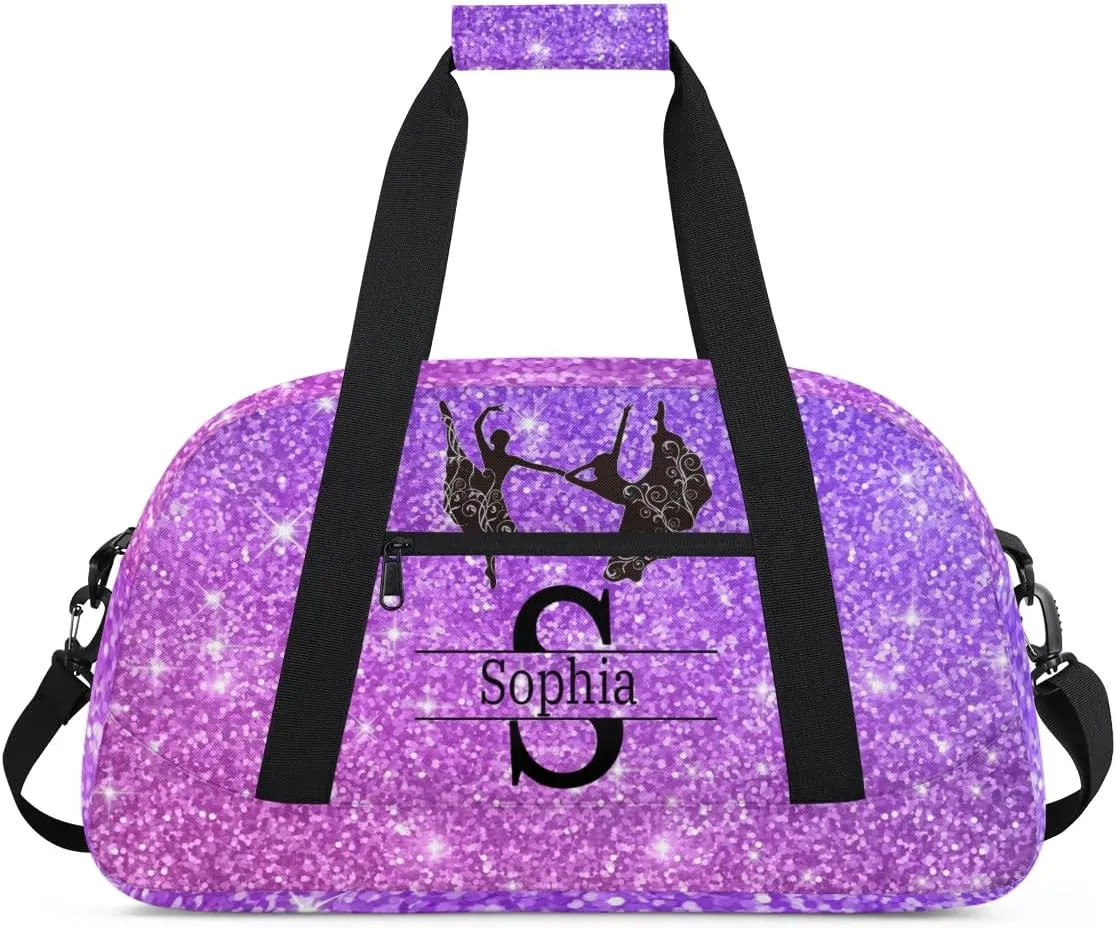 Personalized Dance Duffle Bag for Women, Custom Name Intinal Letter Duffel Bag, Colorful Names Ranked, Shiny Stars Lavender Purple Glittering