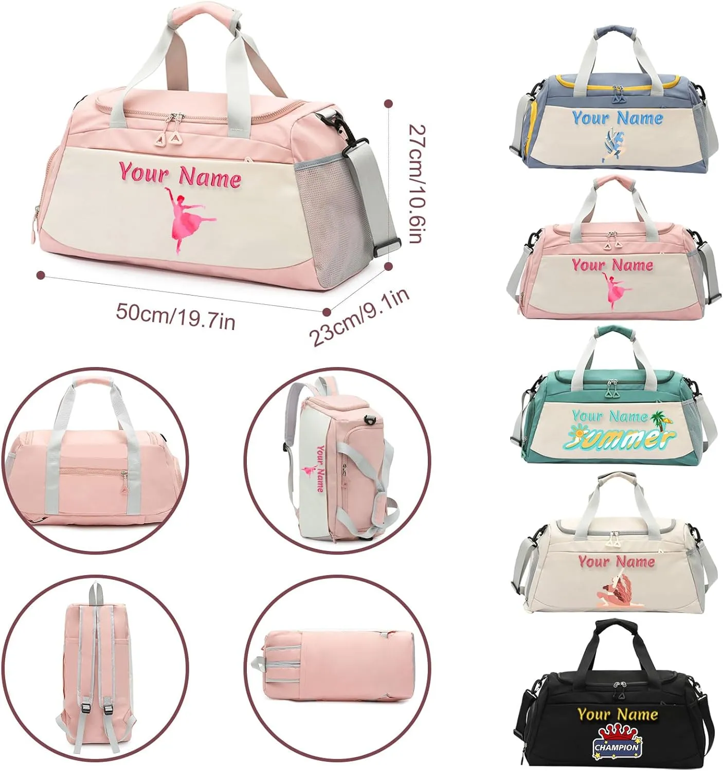 Personalized Dance Yoga Bag for Women Girls, Custom Travel Duffle Bag with Name, Cheerleaders Bag - with Shoes Compartment and Wet Dry Pocket - Adjustable Strap - Tote Bag/Backpack Dual-purpose