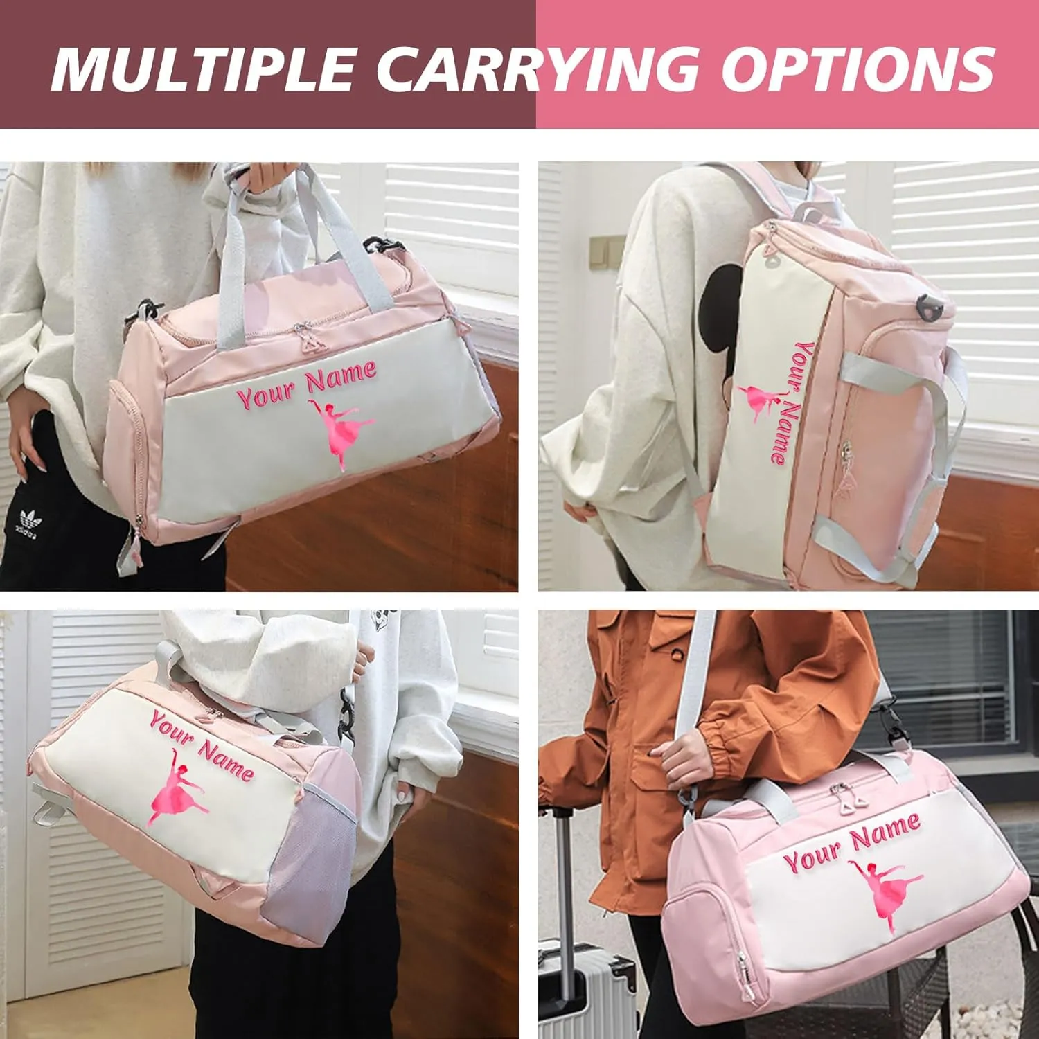 Personalized Dance Yoga Bag for Women Girls, Custom Travel Duffle Bag with Name, Cheerleaders Bag - with Shoes Compartment and Wet Dry Pocket - Adjustable Strap - Tote Bag/Backpack Dual-purpose