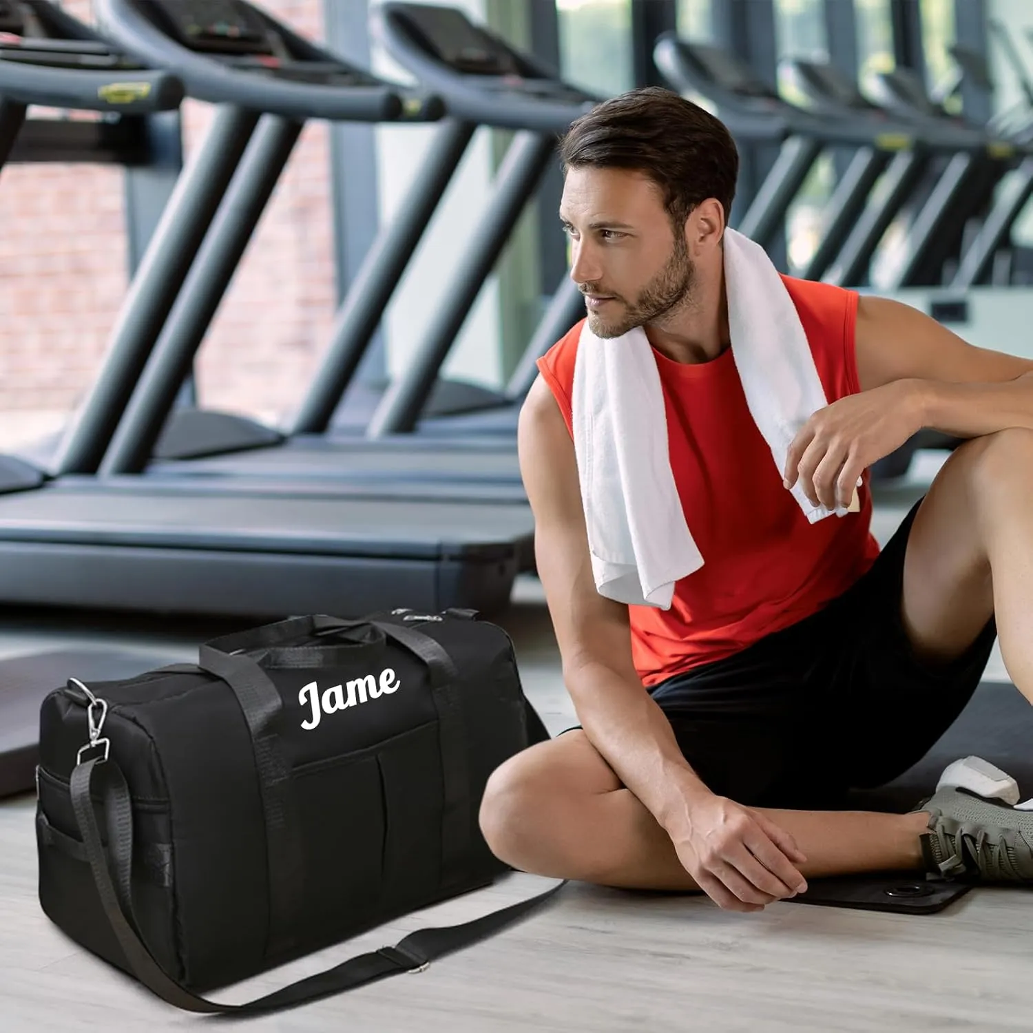 Personalized Duffel Bag Embroidered Name Text Custom Sport Gym Bags Travel With Wet Dry Pockets & Shoe Weekend Travel Bag Overnight Bag for Women Men-Black