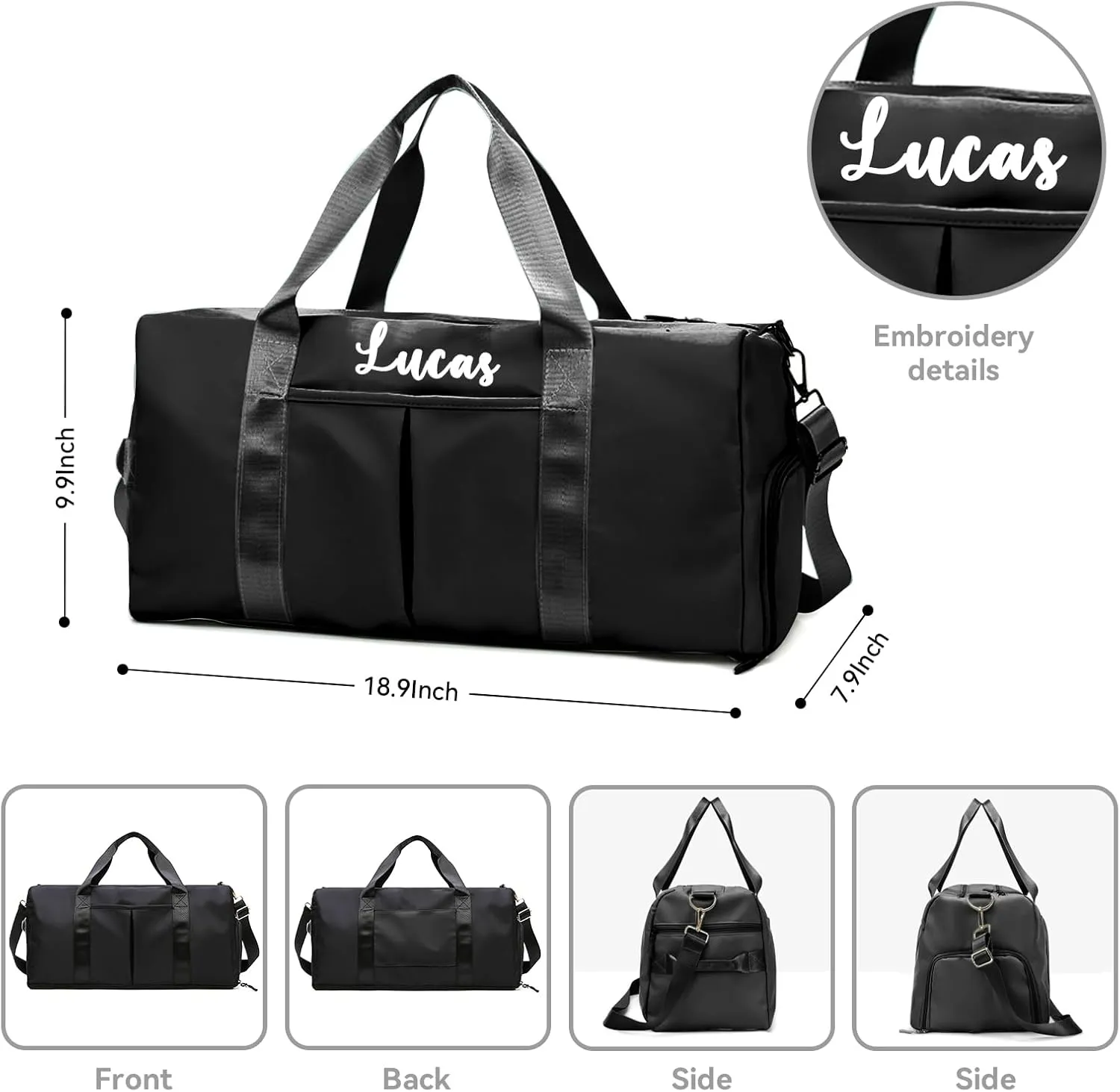 Personalized Duffel Bag Embroidered Name Text Custom Sport Gym Bags Travel With Wet Dry Pockets & Shoe Weekend Travel Bag Overnight Bag for Women Men-Black