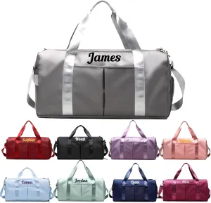 Personalized Duffel Bag Embroidered Name Text Custom Sport Gym Bags Travel With Wet Dry Pockets & Shoe Weekend Travel Bag Overnight Bag for Women Men-Grey