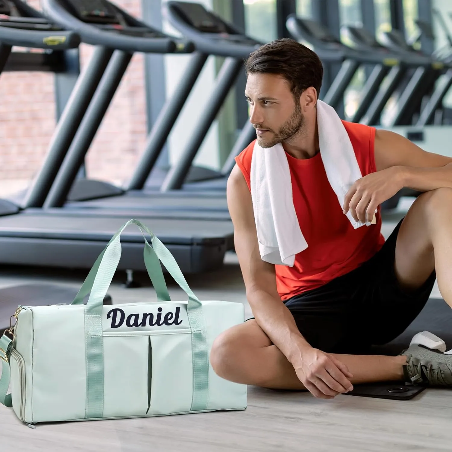Personalized Duffel Bag Embroidered Name Text Custom Sport Gym Bags Travel With Wet Dry Pockets & Shoe Weekend Travel Bag Overnight Bag for Women Men-Grey
