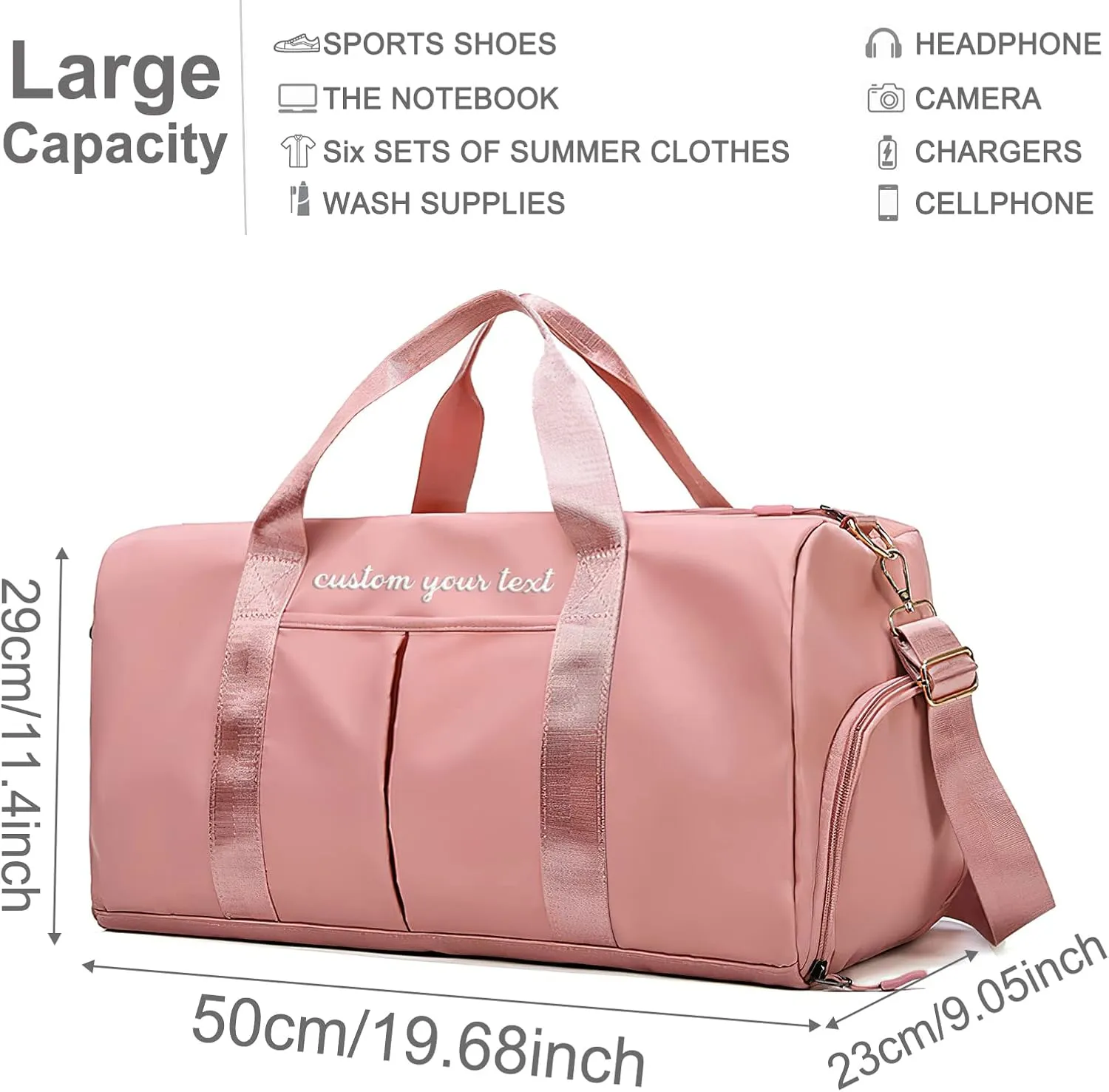 Personalized Duffel Bag Embroidered Name Text Custom Sport Gym Bags Travel With Wet Dry Pockets & Shoe Weekend Travel Bag Overnight Bag for Women-Pink