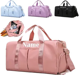 Personalized Duffel Bag Embroidered Name Text Custom Sport Gym Bags Travel With Wet Dry Pockets & Shoe Weekend Travel Bag Overnight Bag for Women-Pink