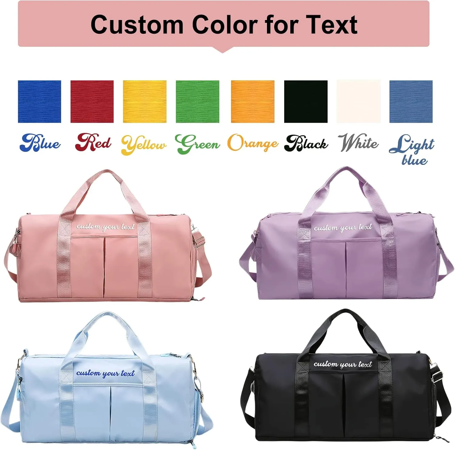 Personalized Duffel Bag Embroidered Name Text Custom Sport Gym Bags Travel With Wet Dry Pockets & Shoe Weekend Travel Bag Overnight Bag for Women-Pink