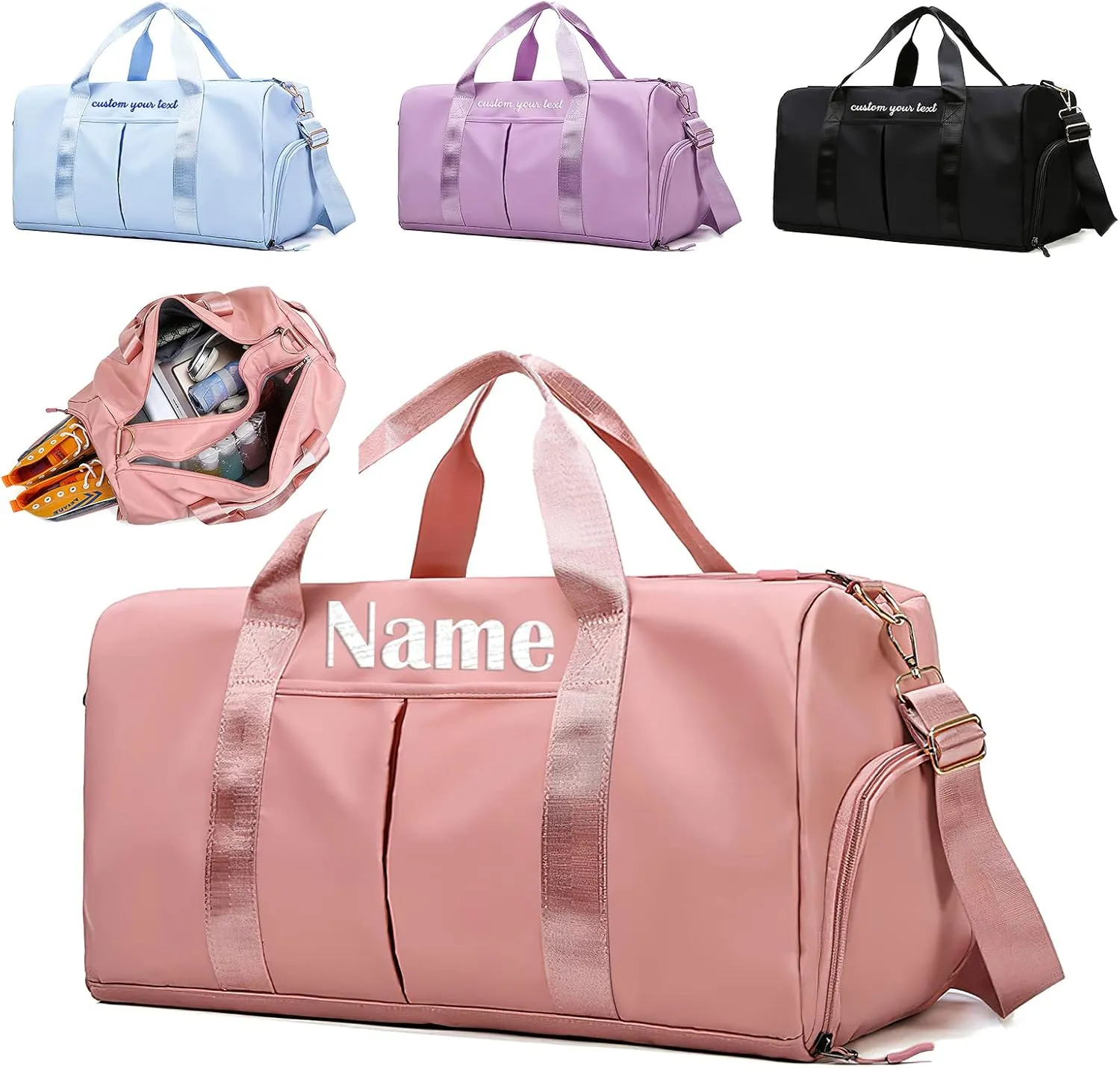 Personalized Duffel Bag Embroidered Name Text Custom Sport Gym Bags Travel With Wet Dry Pockets & Shoe Weekend Travel Bag Overnight Bag for Women-Pink