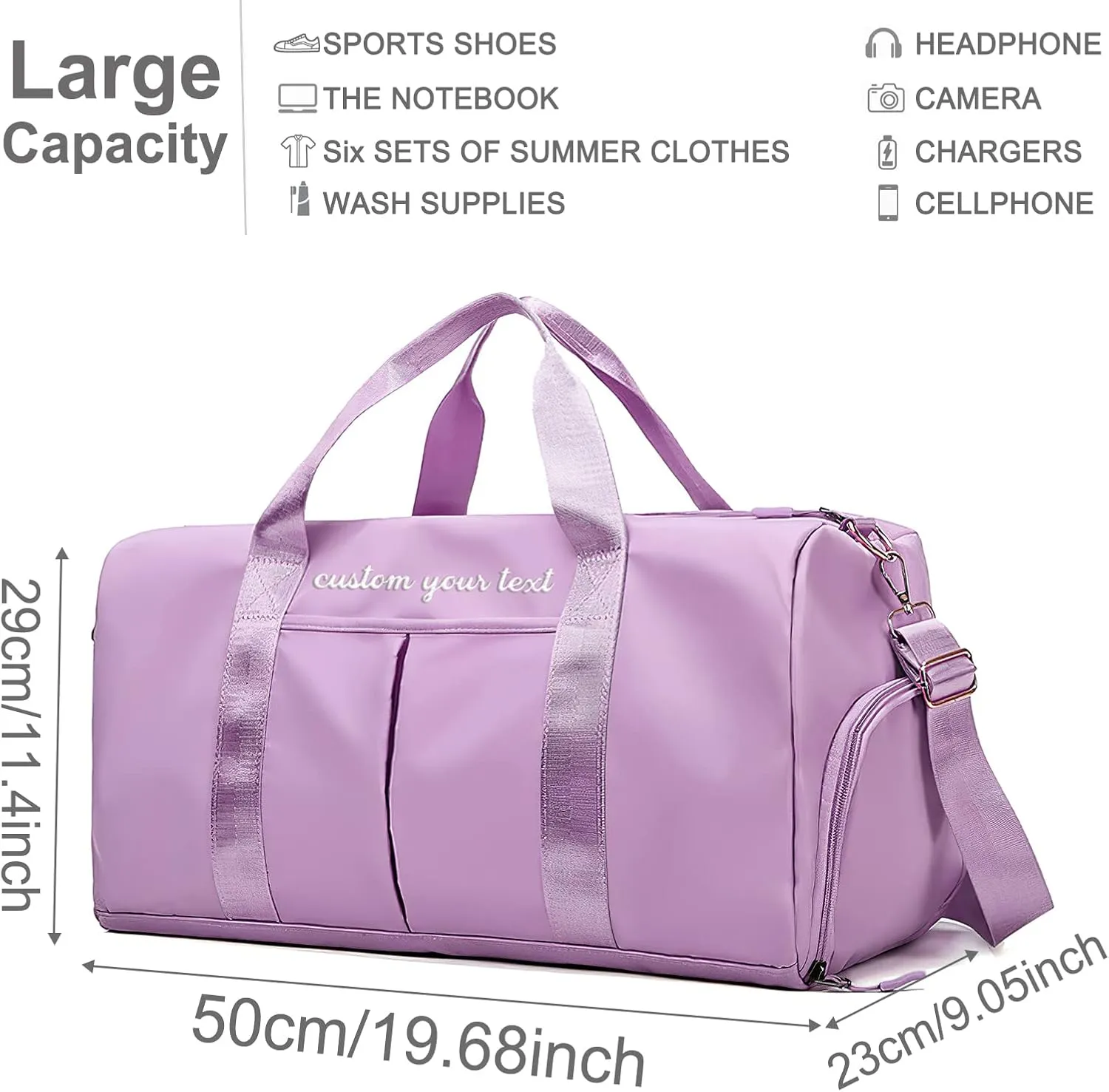 Personalized Duffel Bag Embroidered Name Text Custom Sport Gym Bags Travel With Wet Dry Pockets & Shoe Weekend Travel Bag Overnight Bag for Women-Purple