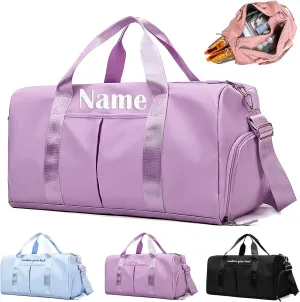 Personalized Duffel Bag Embroidered Name Text Custom Sport Gym Bags Travel With Wet Dry Pockets & Shoe Weekend Travel Bag Overnight Bag for Women-Purple