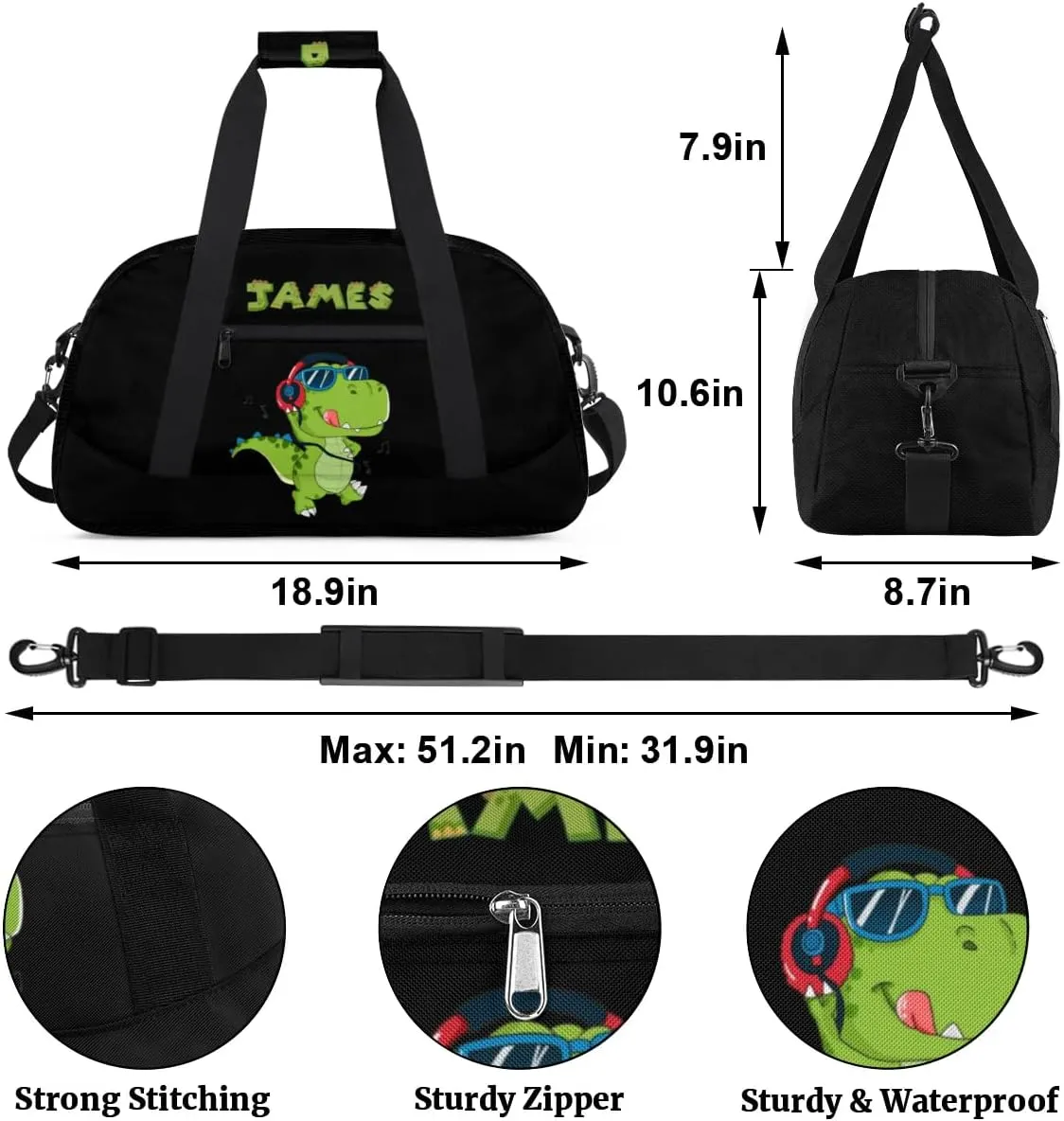 Personalized Duffel Bag for Boys Gym Bag with Name Small Overnight Tote Bag for Kids Music Dinosaur Black Sports Bag