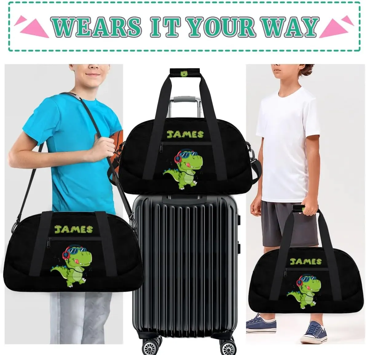 Personalized Duffel Bag for Boys Gym Bag with Name Small Overnight Tote Bag for Kids Music Dinosaur Black Sports Bag