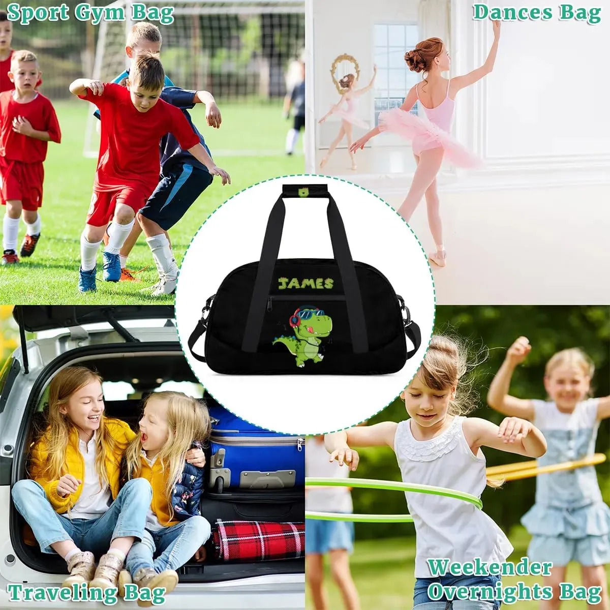 Personalized Duffel Bag for Boys Gym Bag with Name Small Overnight Tote Bag for Kids Music Dinosaur Black Sports Bag