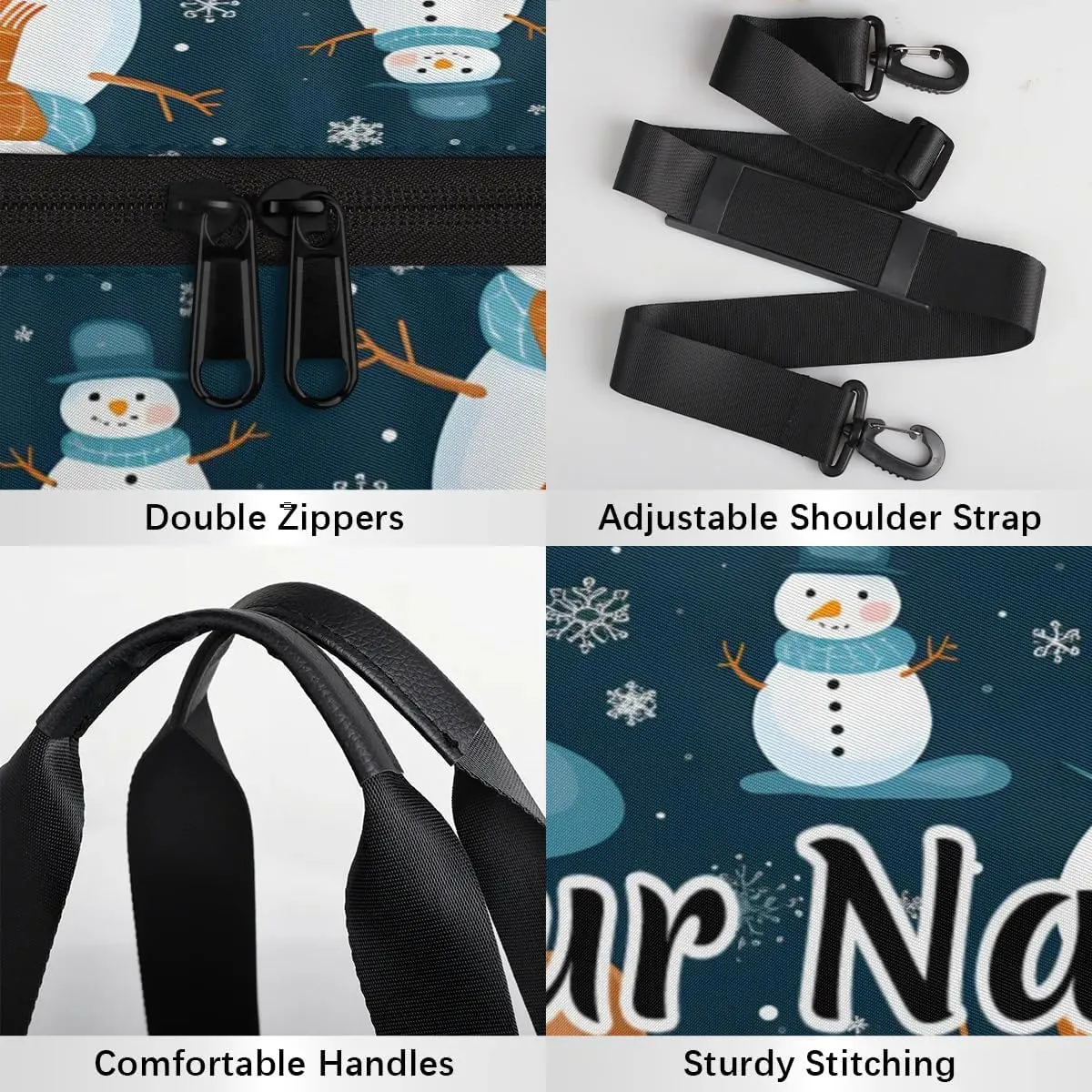 Personalized Duffel Bag for Women, Custom Holiday Christmas Gym Bag for Sports, Waterproof Dance Bag with Name, Lightweight Carryon Gym Bag, Snowman Snowflake