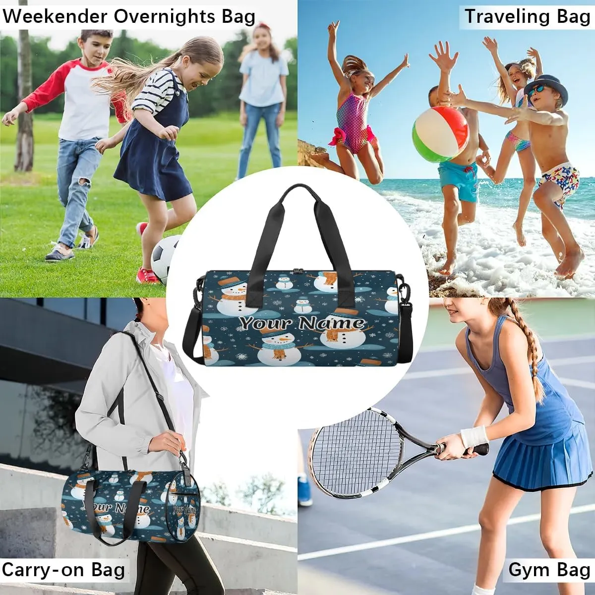 Personalized Duffel Bag for Women, Custom Holiday Christmas Gym Bag for Sports, Waterproof Dance Bag with Name, Lightweight Carryon Gym Bag, Snowman Snowflake