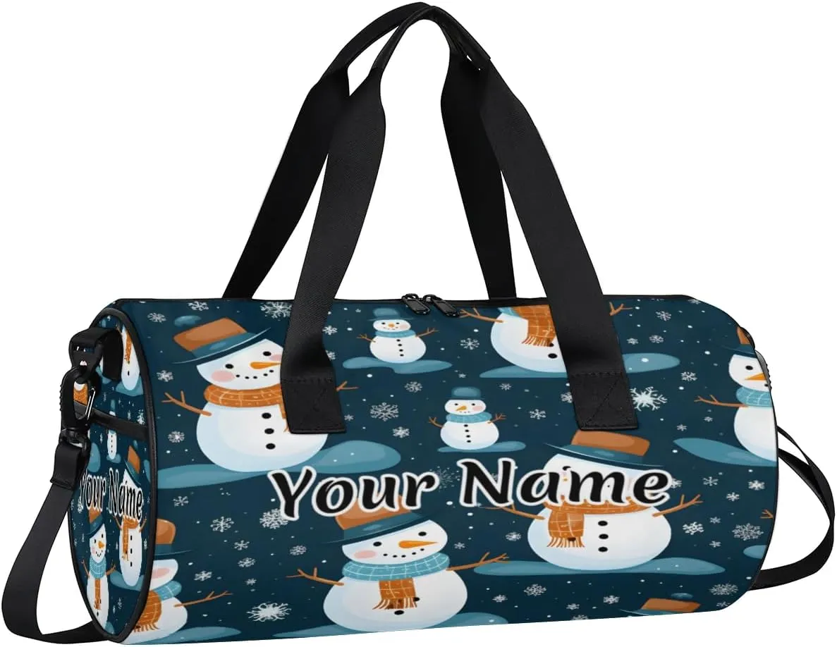 Personalized Duffel Bag for Women, Custom Holiday Christmas Gym Bag for Sports, Waterproof Dance Bag with Name, Lightweight Carryon Gym Bag, Snowman Snowflake