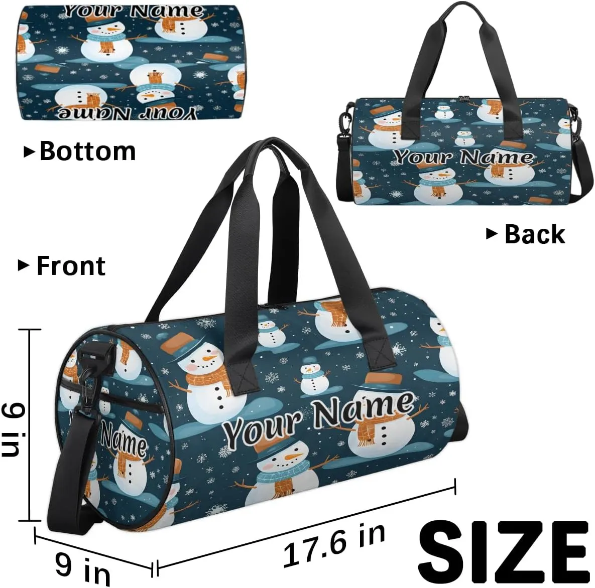 Personalized Duffel Bag for Women, Custom Holiday Christmas Gym Bag for Sports, Waterproof Dance Bag with Name, Lightweight Carryon Gym Bag, Snowman Snowflake