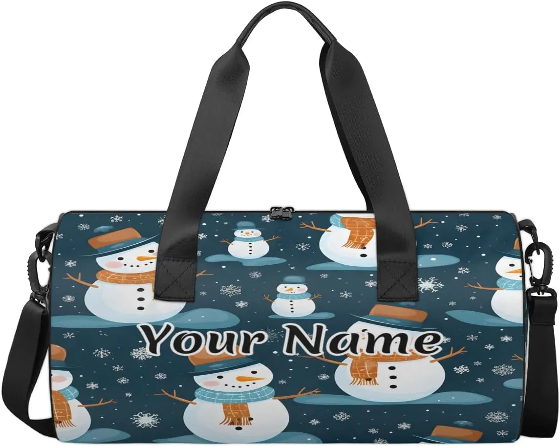 Personalized Duffel Bag for Women, Custom Holiday Christmas Gym Bag for Sports, Waterproof Dance Bag with Name, Lightweight Carryon Gym Bag, Snowman Snowflake