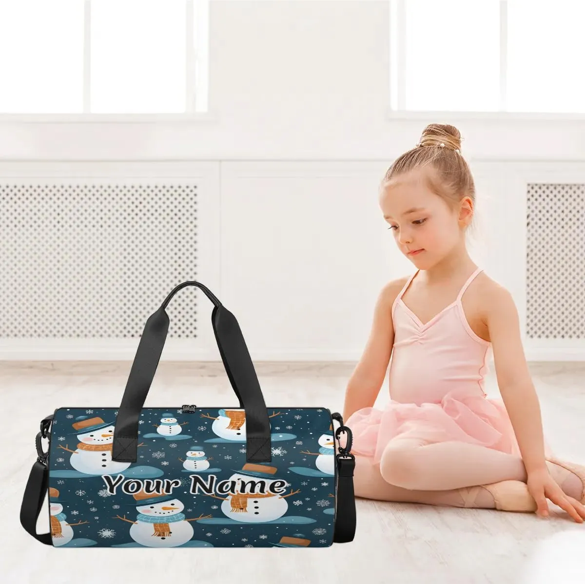 Personalized Duffel Bag for Women, Custom Holiday Christmas Gym Bag for Sports, Waterproof Dance Bag with Name, Lightweight Carryon Gym Bag, Snowman Snowflake