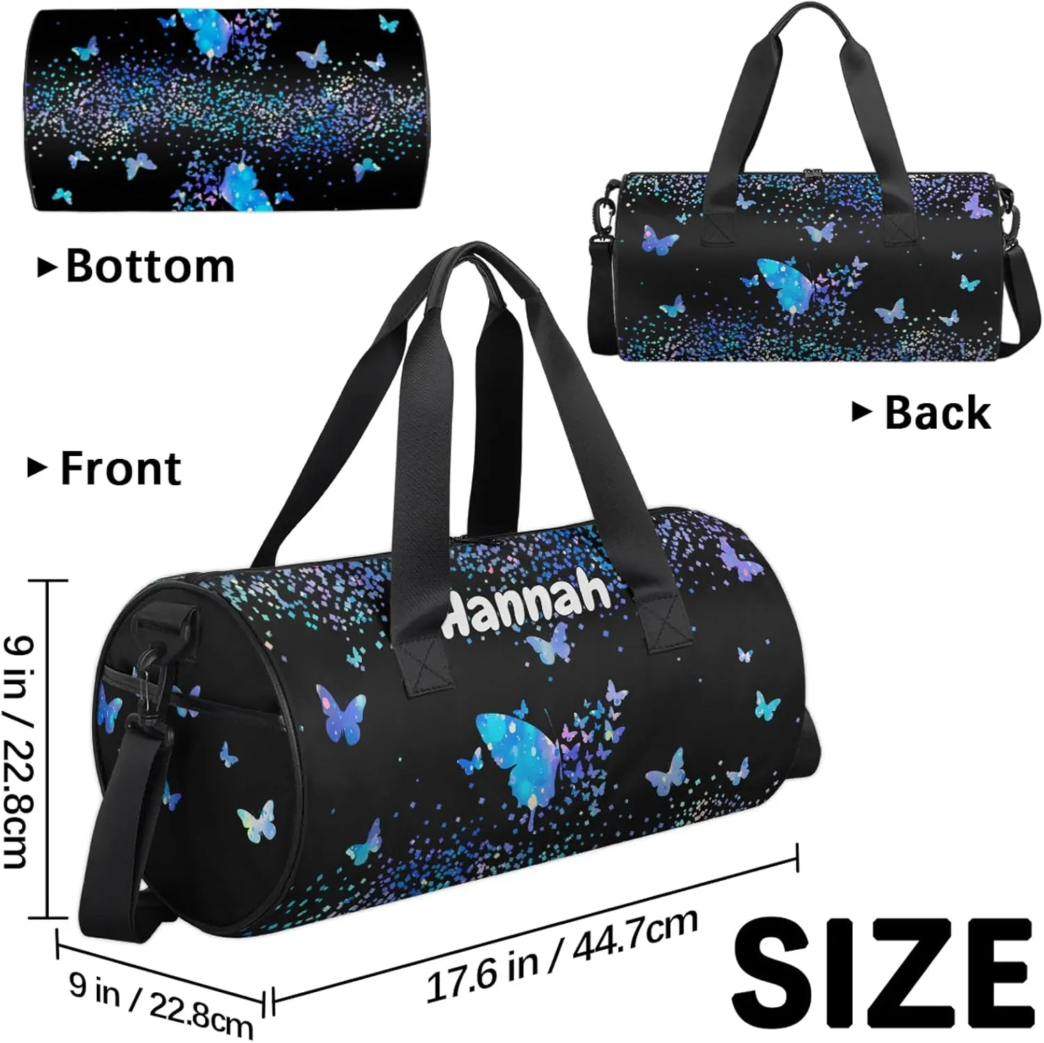 Personalized Duffel Bag with Name Butterfly Custom Travel Sports Bag for Women Men Round Waterproof Dance Ballet Bag Lightweight 17.6in, Blue