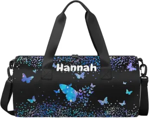 Personalized Duffel Bag with Name Butterfly Custom Travel Sports Bag for Women Men Round Waterproof Dance Ballet Bag Lightweight 17.6in, Blue