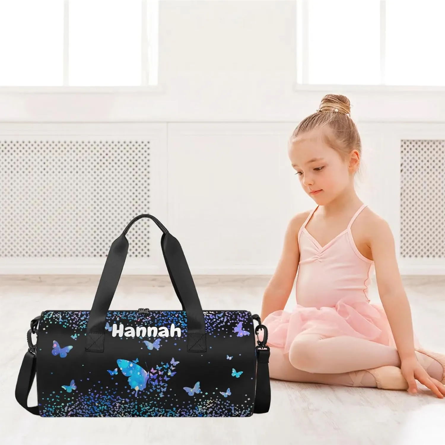 Personalized Duffel Bag with Name Butterfly Custom Travel Sports Bag for Women Men Round Waterproof Dance Ballet Bag Lightweight 17.6in, Blue