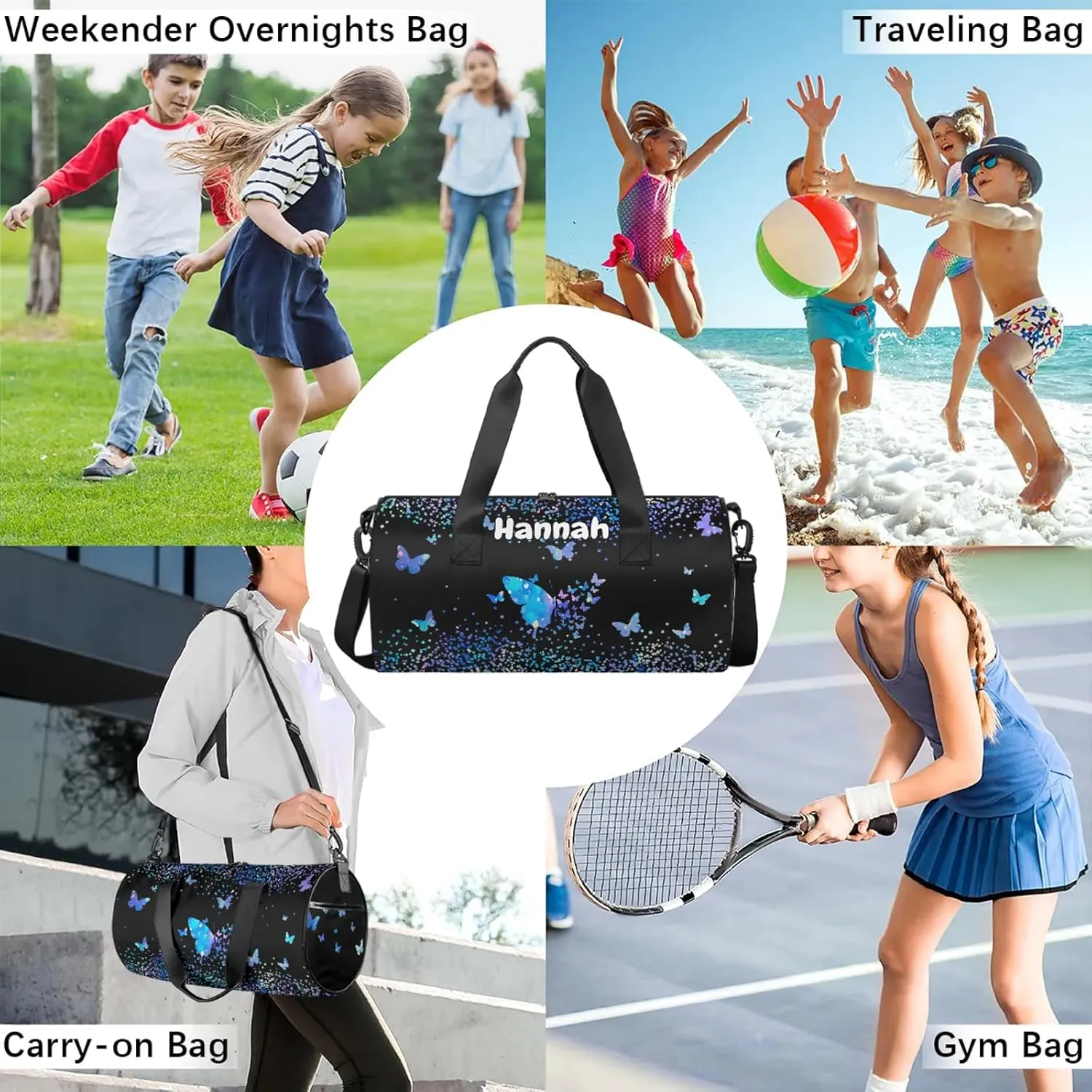 Personalized Duffel Bag with Name Butterfly Custom Travel Sports Bag for Women Men Round Waterproof Dance Ballet Bag Lightweight 17.6in, Blue
